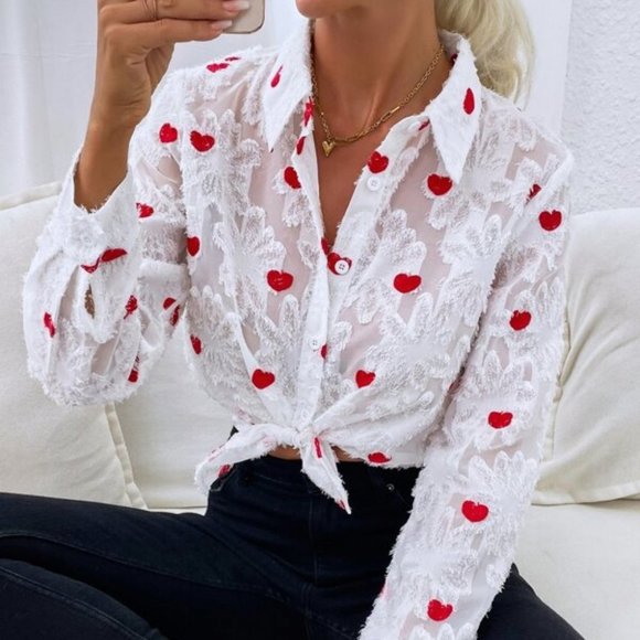 MODA ME COUTURE Tops - Heart Embroidery Button Up Chiffon Blouse